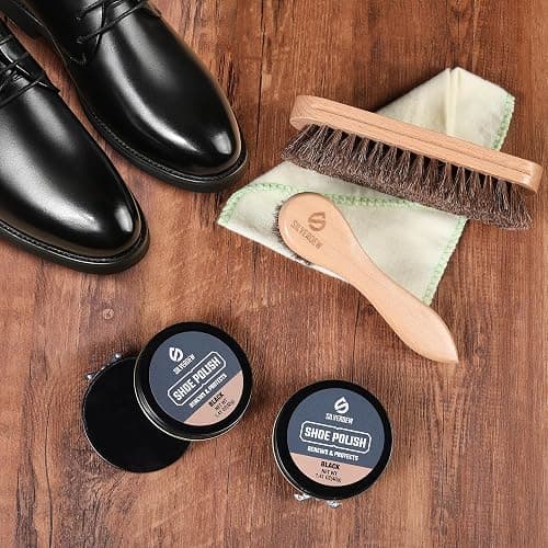 SILVERDEW 6-Piece Shoe Polish Kit, Portable Shoe Shine Kit Includes 2PCS Horsehair Brushes, 2PCS Black Shoe Polishes, Polishing Cloth and Carrying Bag, Leather Boot Care Kit for Men & Women thumbnail 6