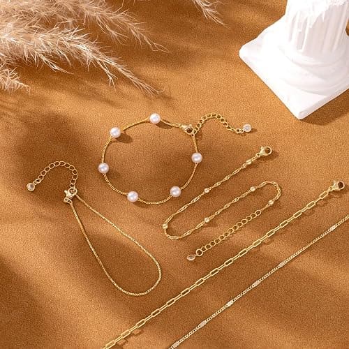 NECOCY 14K Gold Plated Bracelets for Women, Stackable Bracelet Stack Set Adjustable Charm Paperclip Chain Cuban Link Layered Waterproof Jewelry Sets Christmas Gifts for Love thumbnail 8