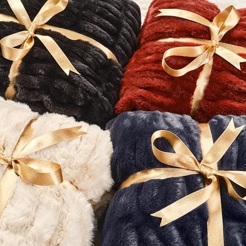 Chanasya Premium Ruched Faux Fur Throw Blanket - Luxurious, Soft Reversible Mink Blanket - 50" x 65” - Red Maroon thumbnail 6