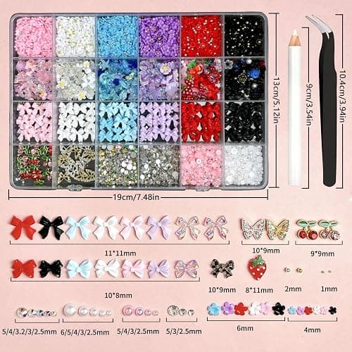 3D Flowers Nail Charms Y2K Kit, Metal Butterfly Cherry Colorful Bow Nail Charms for Nails Art Gems, Flatback Pearls Charms for Nails Bows Manicure DIY Crafts Jewelry Nail Accessories thumbnail 3