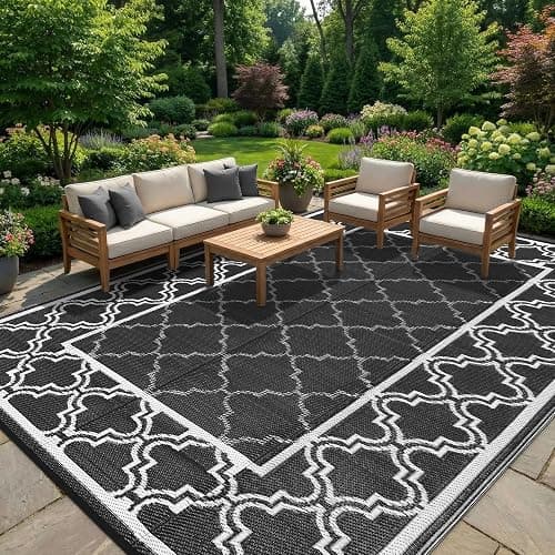 Garvee Reversible Outdoor Rug 9x12, Waterproof Outdoor Plastic Rug, Black | With Interlacing Pattern, RV Mat for Picnics, Patio, Camping, Balcony, Deck, Backyard, Porch - Image 1
