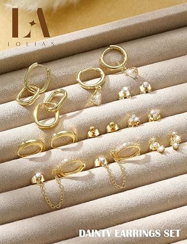 LOLIAS Hypoallergenic 14K Gold Plated Hoop Stud Earring Stacks for Women Trendy - Chain Cartilage Earrings Cute Silver Huggie Earrings Sets for Multiple Piercing Jewelry Lightweight 8Pairs thumbnail 5