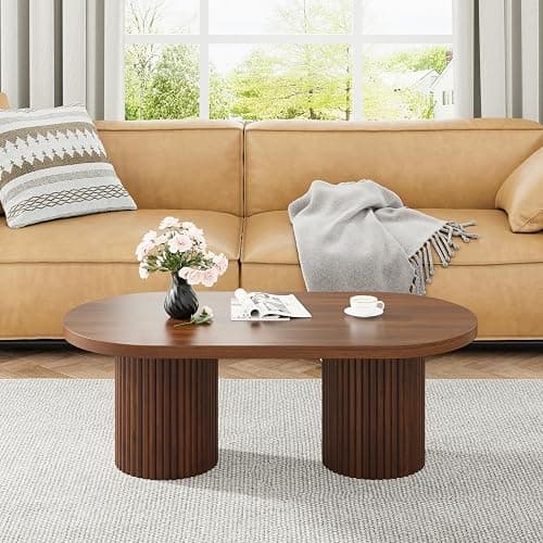 RUSTYER Oval Fluted Coffee Table, Farmhouse Wood Coffee Table Mid Century Modern Center Table Boho Living Room Tables for Living Room Office (Walnut, 19.69" D x 39.38" W x 13.78" H) - Walnut - 19.69"D x 39.38"W x 13.78"H thumbnail 8
