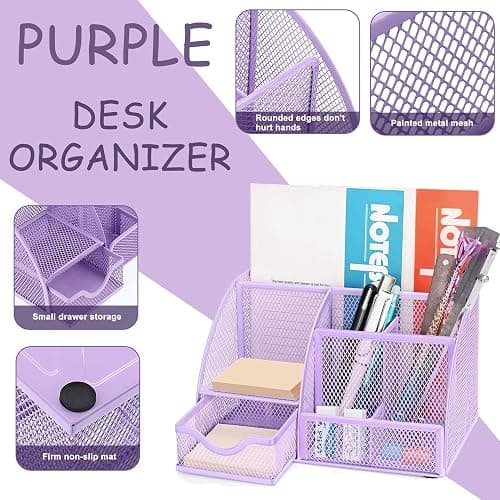 Purple Office Desk Accessories Supplies, 12pcs Desk Organizers and Accessories with Tape dispenser and Stapler,Staples,Staple Remover,Pen Holder,Scissor,Ruler,Sticky Tabs,Tape,Ballpoint Pen,Clips Set thumbnail 3