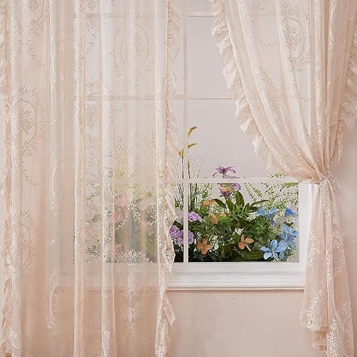 102 Inches Length Beige Lace Curtains for Bedroom 2 Panels Set Vintage Boho Curtains Sheer Floral Embroidery Ruffled Window Treatment thumbnail 6