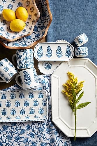 Mud Pie Small 4" x 12" Large 4 1/2" x 14" Dia Block Print Enamel Bowl Set, Blue thumbnail 3