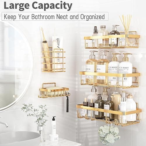 Liuoud 5 Pack Shower Caddy Organizer Rack Shelf for Inside Shower, Self Adhesive Wall Storage Basket Rustproof Stainless Steel Shampoo Holder Bathroom Accessory Decor Set, Gold thumbnail 3