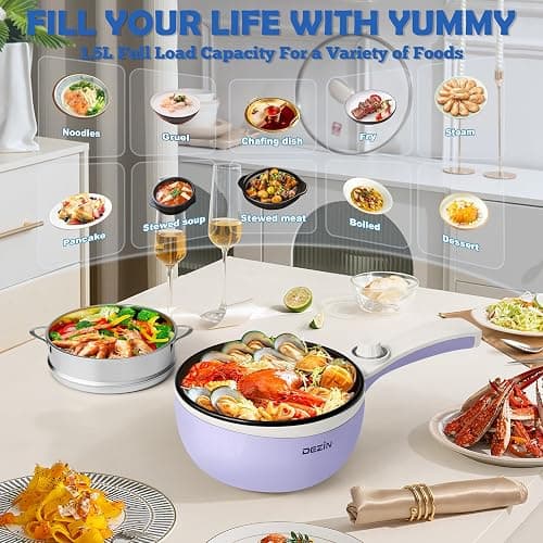 Dezin Hot Pot Electric Upgraded, Non-Stick Sauté Pan, Rapid Noodles Electric Pot, 1.5L Mini Portable Hot Pot for Steak, Egg, Fried Rice, Ramen, Oatmeal, Soup with Power Adjustment - 1.5L(Without Steamer) - Beige thumbnail 8