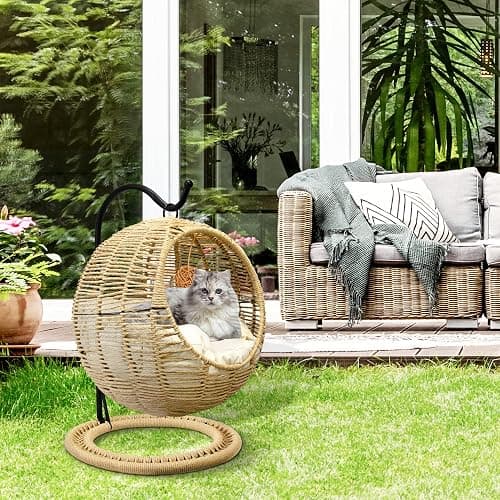 BROWN-BROWN Wicker Cat Bed Indoors & Outdoors, Hand Made Cat Swing Bed with Removable Cushion & Hanging Ball, Washable Pet Swing for Cat, Small Dog, Small Animals thumbnail 5
