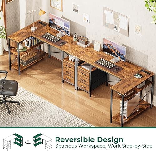 Huuger L Shaped Desk with Power Outlets, Computer Desk with 3 Drawers, 47 Inch Office Desk with Shelves, Gaming Desk, Corner Desk Work Desk for Home Office, Study, Rustic Brown - Rustic Brown - 47inch thumbnail 4