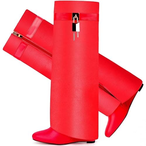 CDHYX Fold Over Boots for Women Pointy Pull-on Wedge Heel Knee Shark Boot With Side Zipper Padlock Design - Image 1