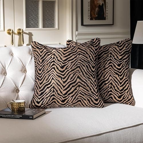 TOPWEAVE 1-Piece Luxury Zebra Print Throw Pillow Cover 20 x 20 Inches, Wild Animal Print Chenille Jacquard Cushion Covers, Modern Chic Decorative Square Pillowcase for Couch Sofa Bed Car, Black & Gold - Image 1