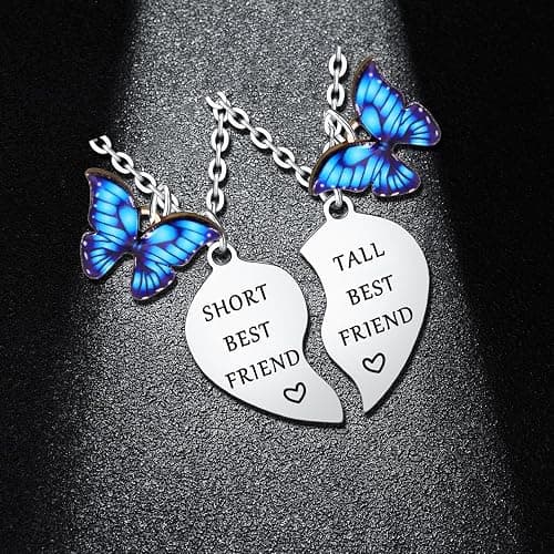 Funny Tall & Short Best Friend Heart Matching Pendant Necklace Set - 2PCs, Butterfly Charm, Perfect for Women - Bestie, Sister, Christmas & Birthday Gifts thumbnail 2