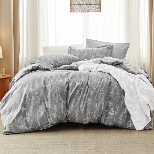 Bedsure Full Comforter Set - Grey Bed Set, 3 Pieces Cute Floral Bedding, 1 Soft Reversible Botanical Flowers Comforter and 2 Pillow Shams - Image 1