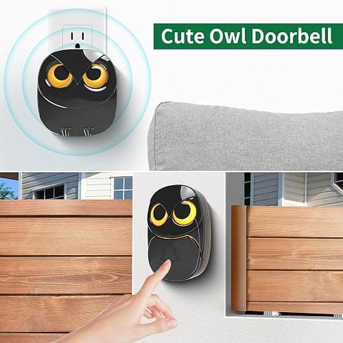 Wireless Doorbell, Cute Owl Doorbell Weatherproof IP55 Outdoor Remote Push Button- 1000 Feet Long Wireless Range, 1 Receiver + 1 Transmitter, Black thumbnail 2