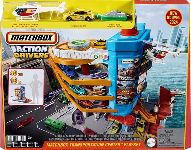 Matchbox Toy Vehicles & Playset, Transportation Center with 5 Levels, Kid& Car-Activated Features, Includes 1:64 Scale Taxi, Boat & Helicopter & Food Vendor Accessory thumbnail 6