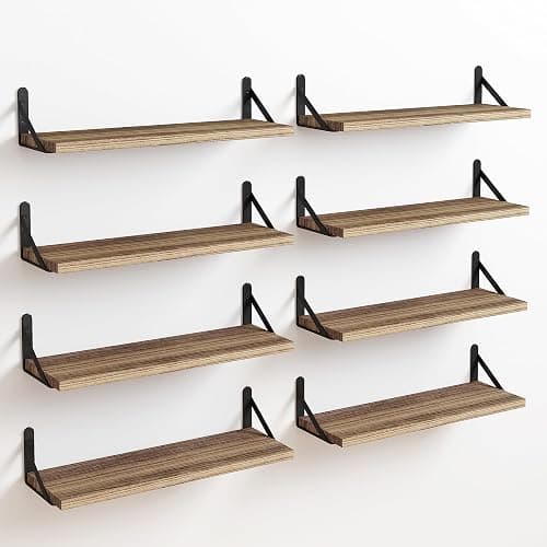 Fixwal Floating Shelves Width 4.7in Rustic Wood Wall Shelves Set of 8, Wall Shelves for Bedroom, Living Room, Kitchen, Bathroom, Office Decor and Plants Display (Carbonized Black) - Image 1