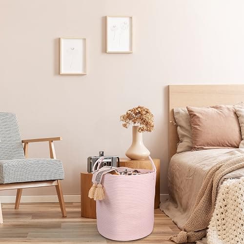 XUANGUO Cotton Rope Laundry Basket Hamper for Girls Kids Baby Nursery Hamper Bin Woven Storage Basket for Living Room Girls room Boho Tall Rope Baskets for Blanket Toys Large light pink thumbnail 5