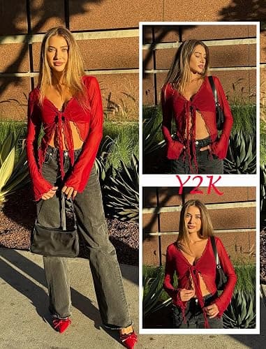 Avidlove Women's Mesh Top Summer Long Sleeve Cardigan Sexy Sheer Shrug Blouse Short Open Front Shirt V-Neck Elegant Crop Top Festival Outfit thumbnail 5