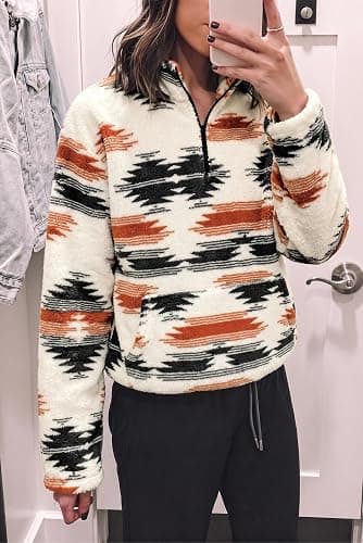 LUKYCILD Aztec Sweatshirt for Women Western Half Zip Sherpa Fleece Hoodies | Aztec Print Jacket Cowgirl Ethnic Style Sweatshirts Long Sleeve Pullover Tops with Pockets Casual Fall Winter Warm Outwear thumbnail 4