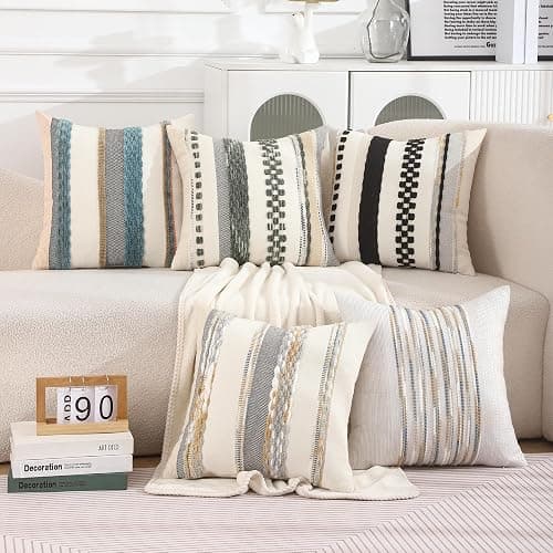 Tosleo Boho Pillow Covers 18x18 inch Set of 2 Black and Cream Throw Pillow Covers Stripe Tufted Decorative Pillow Case Accent Chenille Pillowcase Farmhouse Patterned Cushion Case for Spring Home Decor thumbnail 8