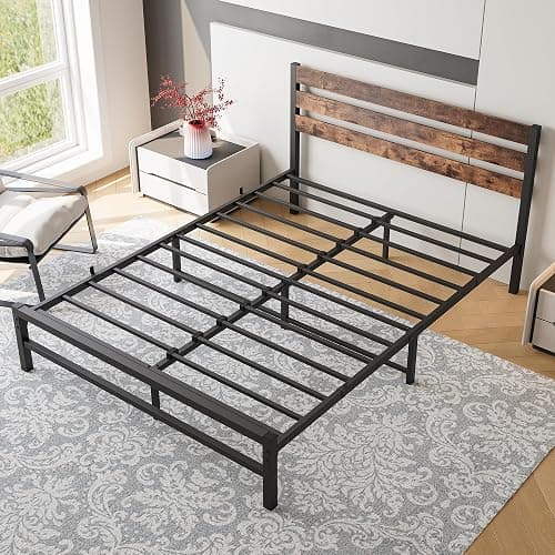 FHUKMZOI Brown Queen Size Bed Frame with Headboard, Rustic Vintage Heavy Duty Metal Bedframe, Platform Bed Support Mattress Foundation, No Box Spring Needed (Brown, Queen) thumbnail 5