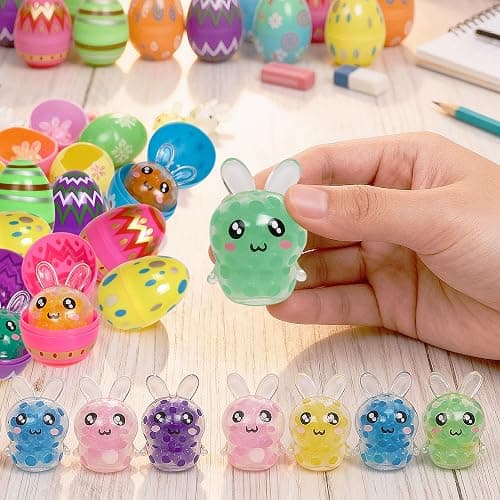 24 Pack Prefilled Easter Eggs with Bunny Mini Squeeze Balls for Kids | Soft squishy stress relief fidget toys for egg hunts, Easter baskets, classroom rewards and party favors thumbnail 3