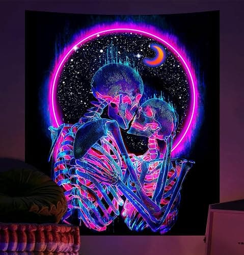 TUGCAY Blacklight Skull Tapestry Glow in the Dark Tapestry Kissing Lovers Tapestries Skeleton Neon Trippy Moon Stars Vertical Posters Wall Hanging Decor for Bedroom Aesthetic – 51.2” x 59.1” thumbnail 3