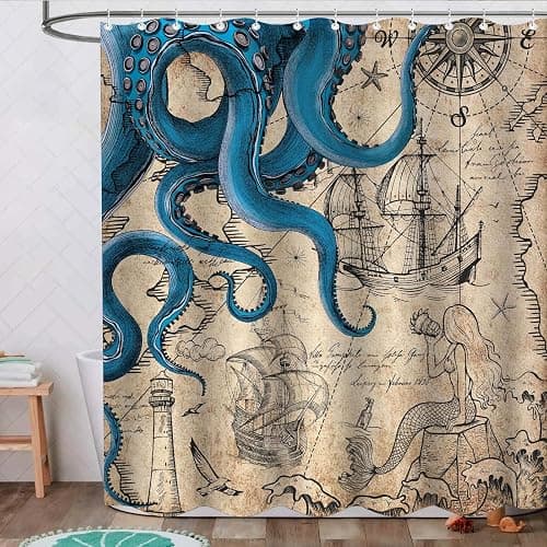 Fungarth Vintage Nautical Octopus Shower Curtain Navy Blue Mermaid Funny Ocean Kraken Shower Curtains for Bathroom Anchor Coastal Map Waterproof Fabric Bath Curtain Decor with Hooks (Retro, 72” x 72”) thumbnail 8