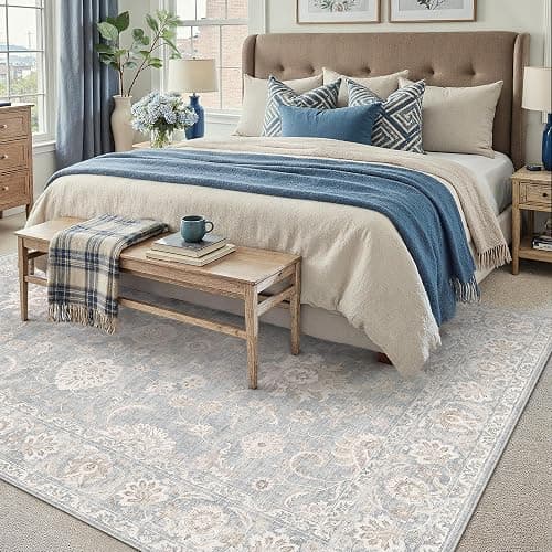 WondRg 8x10 Blue Cream Neutral Area Rug | Washable, Vintage, Soft, Non Slip, Low Pile, Distressed, Carpet for Living Room Bedroom Dining Room Nursery Home Decor thumbnail 2