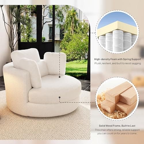 Aortzio 49.6''W Swivel Accent Barrel Chair, Oversized Teddy Fabric Upholstered Round Single Couch Sofa with 4 Pillows for Living Room, Apartment, Bedroom (Ivory). thumbnail 5
