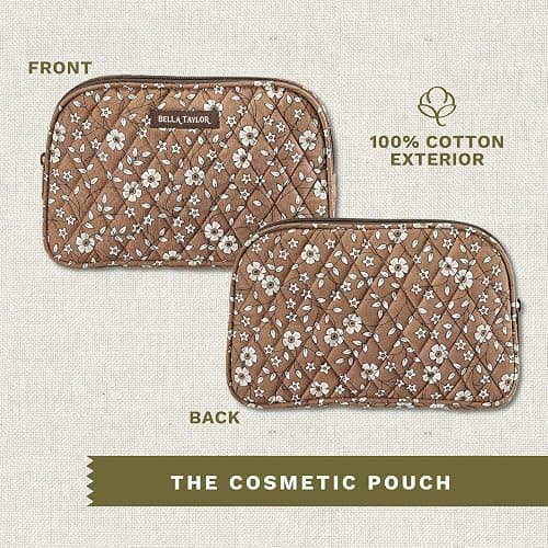Bella Taylor Large Quilted Cotton Makeup Pouch for Women, Travel Cosmetic Bag, Quilted Cotton Vintage Vine Brown Floral thumbnail 4