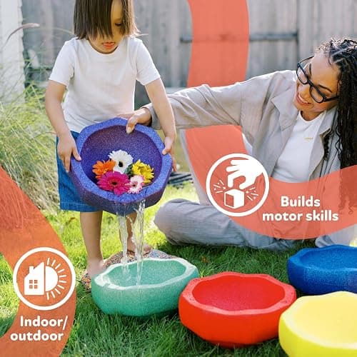 Nuby Stepping Stones StepPebbles with Balance Board - Montessori-Inspired Sensory Play - Stack, Step, & Balance Indoor & Outdoor Play - Waterproof & Holds Up to 400 lbs - Primary Colors thumbnail 7