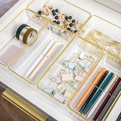 Martha Stewart Kerry Plastic Stackable Office Desk Drawer Organizers, 6" x 3", 6 Pack, with Gold Trim - 6" x 3" thumbnail 6