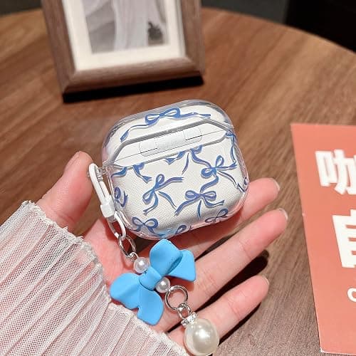 MINSCOSE for AirPods 4 Clear Case,Cute Ribbon Bow Pettern Design with Lovely Bow Pearl Keychain,Soft TPU Protective Shockproof Case for Girls Women for Airpods 4-Dark Blue thumbnail 7