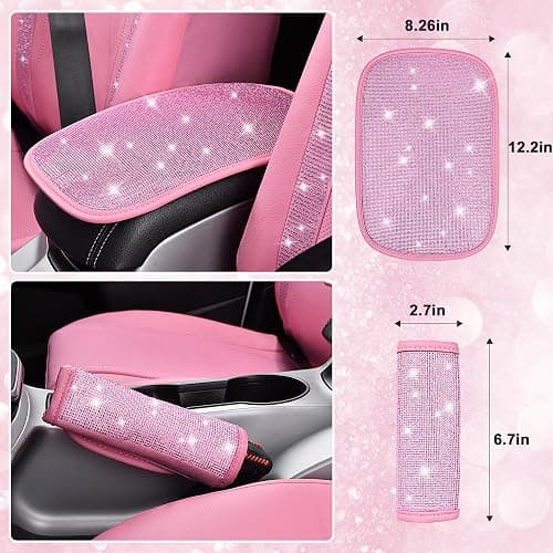 CAR PASS 24 PCS Pink Bling Diamond Accessories Set for Women, Leather Seat Covers, 15'' Steering Wheel Cover, Shining Rhinestone Sparkly Hooks, Coasters, Cute Interior Decorations thumbnail 8