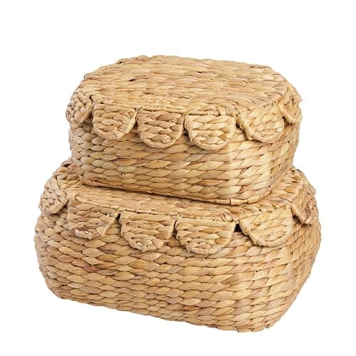 LUSYDECO Round Wicker Storage Baskets with Lid, Rattan Basket Decorative Boxes, Woven Storage Box Hyacinth Basket with Lids, Scalloped Edge Wicker Basket with Lid, Set of 2 - Image 1