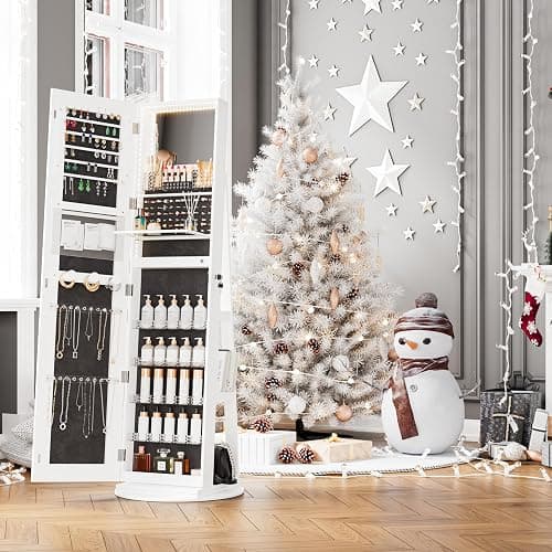 TJYGO LED Mirror Jewelry Cabinet Standing, Swivel Jewelry Armoire with Full Length LED Mirror and Adjustable Lights, Lockable Standing Jewelry Storage Organizer, White thumbnail 9