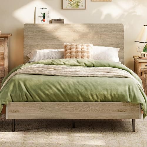 LINSY Wood Bed Frame with Headboard, Queen Bedframe Wooden Platform Frames Boho Queen Size Bed Frames with Solid Wood Slat, No Box Spring Needed, Easy Assembly, Light Wood - Image 1