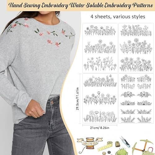 Water Soluble Stabilizer Embroidery Patterns - CRASHOT 4 Sheets Stick and Stitch Embroider Paper Wash Away, Flower Floral Daisy Butterfly Designs, Suprise for Hand Sewing Lover thumbnail 3