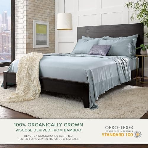 Pure Bamboo Queen Sheets, Genuine 100% Organic Viscose Derived from Bamboo Bed Sheet Set, Luxuriously Soft & Cooling, Double Stitching, 2 Year Quality Promise (Queen, Sterling Blue) thumbnail 3