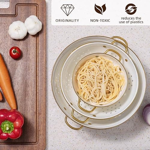 Metal Colander Set of 3, Strainer Basket with Handles perfect for Spaghetti, Pasta, Berry, Vegetable, Fruit, Solid Base Powder Coated Kitchen Essential Strainer Set, 1 & 3.5 & 5 Qt (Cream) thumbnail 4
