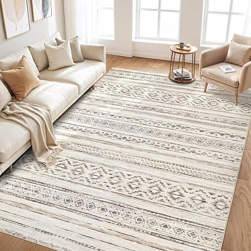 Large Living Room Area Rug 9x12: Soft Machine Washable Boho Moroccan Farmhouse Rugs for Bedroom Under Dining Table - Non-Slip Neutral Morden Indoor Floor Rug Carpet for Home Office Decor - Cream Brown thumbnail 6