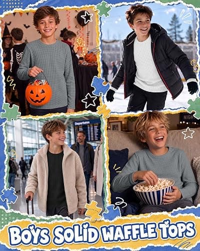 Hyggeweir 3 Pack Boys Long Sleeve Waffle Shirts | Teen Boys, Solid Tops, Crew Neck, Loose, Fall Thermal Tees, Layering, Back to School, Aged 5-14 Years, Kids thumbnail 2