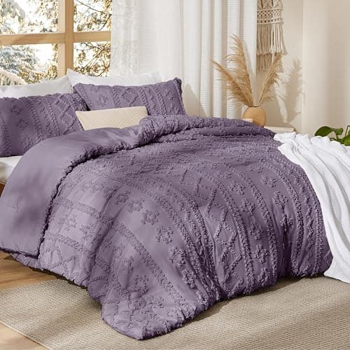 Bedsure Tufted Boho Comforter Set Queen Size - Grayish Purple Boho Bed Set, GentleSoft™ 3 Pieces Farmhouse Shabby Chic Embroidery Bedding, Gifts for Woman, Jacquard Queen Comforter for All Seasons thumbnail 2