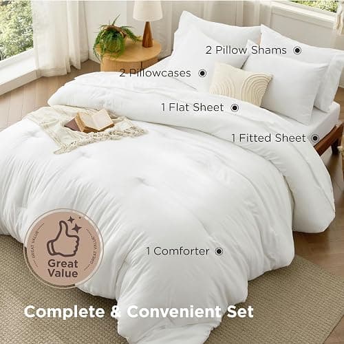 Bedsure Full Size Comforter Set, White Soft Prewashed Bedding for All Seasons, 7 Pieces Warm Winter Down Alternative Bed Set, Fluffy Bed in a Bag with Sheets, Pillowcases & Shams thumbnail 4