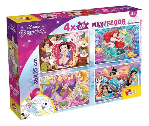 Lisciani - DISNEY PRINCESSES - 4 Puzzles pour Enfants dès 4 ans - 4 x 48 pièces - MaxiFloor 35x25 cm - Puzzles 2 en 1 - Double Face avec Verso à Colorier - Jeux Educatifs Favorisant la Concentration - Image 1