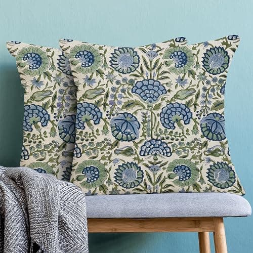 Boho Blue Pillow Covers 18x18 Inch Set of 2 Vintage Navy Blue Sage Green Floral Decor Throw Pillows Spring Summer Seasonal Flower Pillowcases Linen Outdoor Decoration Cushion Covers for Couch Sofa thumbnail 4