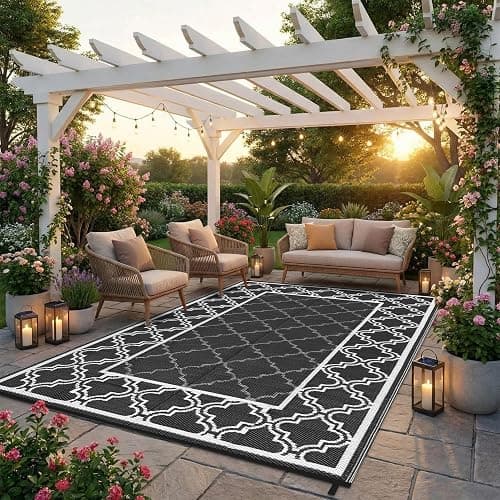 Garvee Reversible Outdoor Rug 9x12, Waterproof Outdoor Plastic Rug, Black | With Interlacing Pattern, RV Mat for Picnics, Patio, Camping, Balcony, Deck, Backyard, Porch thumbnail 7