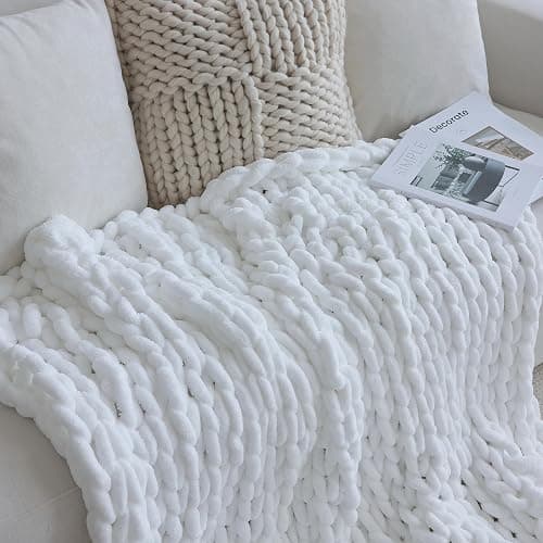 Chunky Knit Blanket Throw （40×50 Inch）, Handmade Warm & Cozy Blanket Couch, Bed, Home Decor, Soft Breathable Fleece Banket, Christmas Thick and Giant Yarn Throws, White thumbnail 6